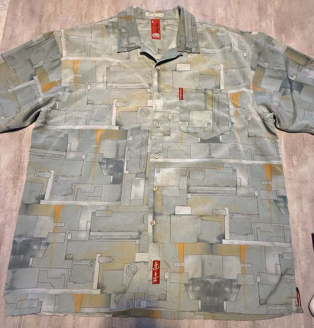 Vintage Y2K Marc Ecko Unltd. Short Sleeve Button Down Shirt XXL Industrial Print